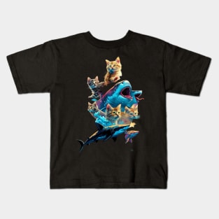 Cat Riding Shark Whiskered Discovery Kids T-Shirt